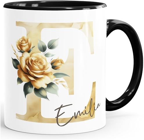 SpecialMe® Kaffee-Tasse Initiale Monogramm personalisiert mit Namen Blumen Blüten Rosen persönliche Geschenke Frauen Weiss-innen-schwarz standard