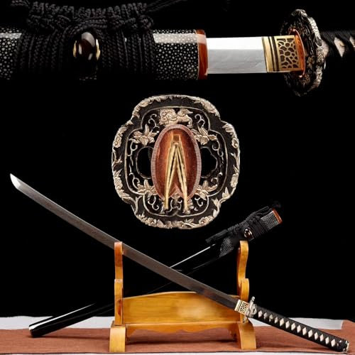 102cm handgefertigtes Samurai-Schwert,Musterstahl klinge und Schutzbügel aus reinem Kupfer,Scheide aus massivem Holz mit Hörner dekoration,echte Katana zum Sammeln,Schenken,Dekorieren,Kampfsport,Iaido