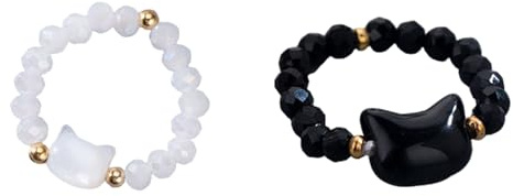 LilaLemon Lot de 2 bagues en obsidienne noire en forme de chat avec perles en pierre extensible pour femmes, hommes et filles, cadeaux porte-bonheur cool pour les amoureux des chats, 0, 0