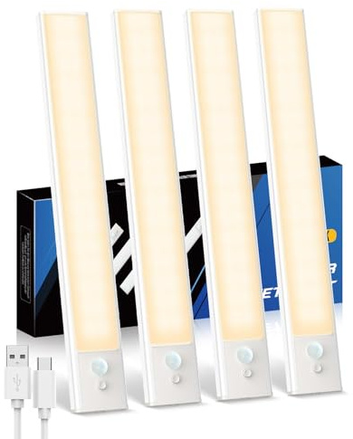 KALAHOL 4 Stück Unterbauleuchte Küche led, Schrankbeleuchtung led Bewegungssensor mit Ladekontrollleuchte, für Kleiderschrank, unter der Theke, Schrank, Treppe, Küche (20CM, Warmweißes)