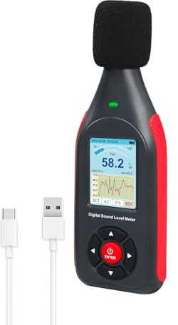 Sonómetro Decibelímetro Registrador de Datos con Ponderación de Frecuencia A/C, 43.000 Registros de Datos, Conectividad USB/PC, Alarma LED de Tres Colores Lector de Ruido Lettore di Rumore