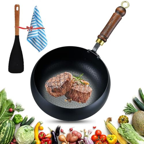Poêle à frire japonaise en fonte non revêtue avec couvercle en bois forgé à la main anti-adhésif pour frire à haute chaleur, multi-usages, grande casserole pour cuisinières, plaques à induction (sans
