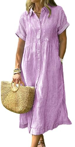 chouyatou Robe chemise d'été mi-longue rayée décontractée à manches courtes boutonnée pour femme