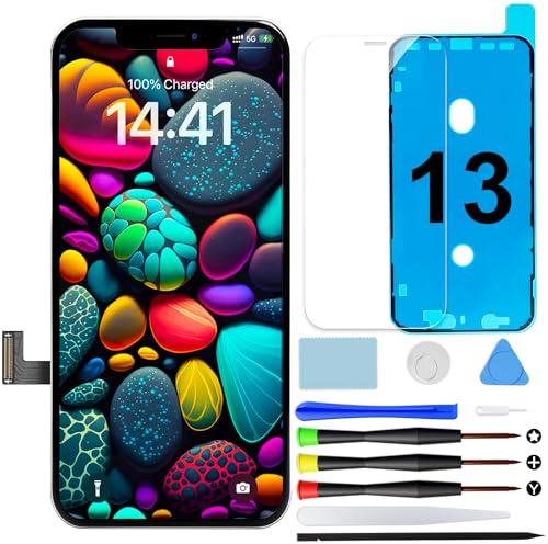 Écran pour iPhone 13 LCD FHD Incell COF Remplacement Touch Digitizer 6,1 | Kit de réparation avec outils, joint étanche et verre trempé, écran Retina LCD avec prise en charge True Tone et Face ID