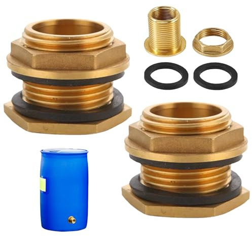 Lot de 2 passages de citerne d'eau de pluie - 1/2 (17 mm) - Filetage intérieur - 3 pièces - En laiton - Avec 2 joints en caoutchouc - Pour robinets, citernes d'eau