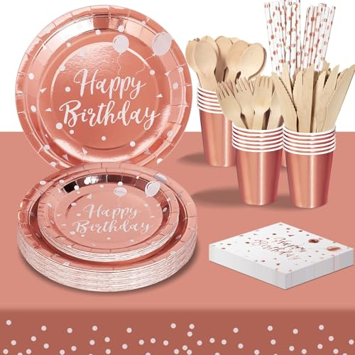 PYAILI Party Paper Plates 193Pcs Rose Gold Happy Birthday Theme Kids Birthday Decoration Party Accessories Set Includes Paper Plates Napkins Cups Wooden Knive Fork Spoon-24 Guests
