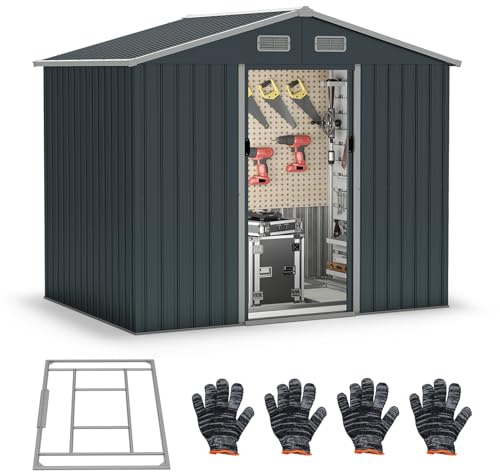 GOPLUS Utrustningsskjul 236 x 172 x 196 cm, trädgårdshus metall, apparathus med sadeltak, skjutdörrar och luftventiler, trädgårdsskjul, trädgårdshjul för trädgård, bakgård och terrass, inkl. handskar