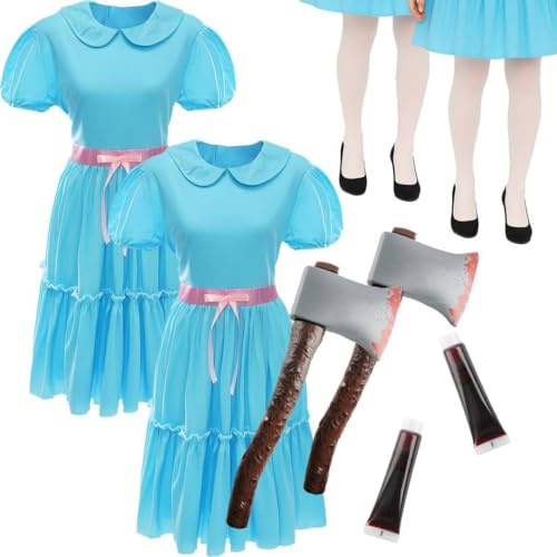 Costume da gemello stregato per adulti, vestito blu raccapricciante, collant, ascia insanguinata e pittura per il viso, outfit horror per Halloween, feste in maschera, eventi in casa infestata, coppia