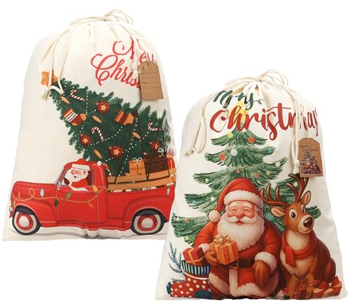 AhfuLife 2 Stück Groß Weihnachten Geschenkbeutel Canvas mit Kordelzug, 50 x 60CM, Weihnachtsgeschenkbeutel Wiederverwendbare Stoffbeutel Weihnacht Robusten mit Geschenkanhänger für Geschenke Verpacken