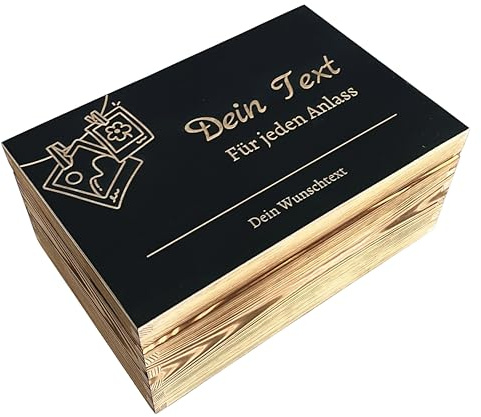 WoodGall Holzkiste personalisiert mit Gravur – 30x20x13cm – Geflammte Geschenkbox aus massivem Kiefernholz mit schwarzem Deckel, Holzbox personalisiert