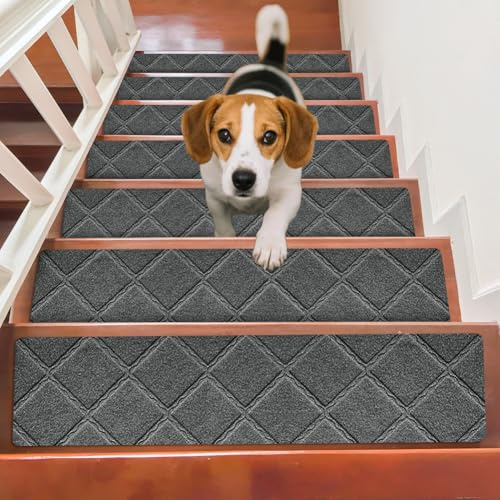 Treppenstufen Matten Antirutschmatte, 15 Stück Stufenmatten Innen Rutschfest, Selbstklebend Stufenmatten 55x19 cm, für Holzstufen Marmor, Antirutsch Treppenteppich für Kinder, Ältere, Haustiere (A)