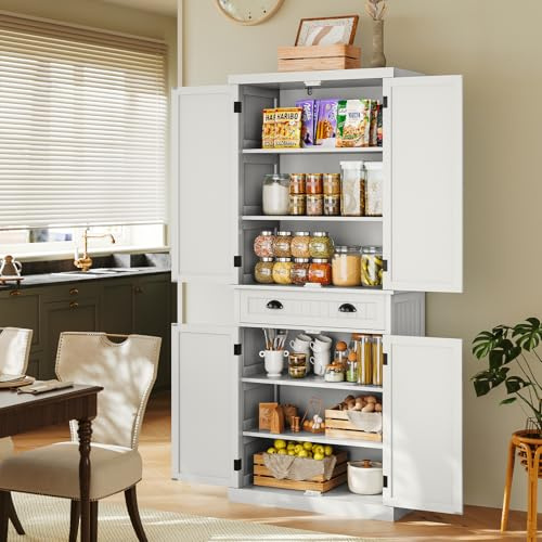 HOLTICO Küchenschrank, Hochschrank Küchenbuffet Buffetschrank, Esszimmerschrank, Vorratsschrank mit Türen und Regalen für Esszimmer, küche, Wohnzimmer, Waschküche,Weiß