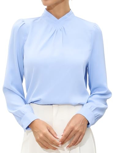 Allegra K Chemise Business Femme Col Montant Plissé et Manches Bouffantes | Hauts de Travail Blouse Chic et Élégant pour Bureau Casual