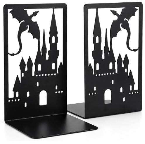 Metal bookends, suitable for bookshelves and room décor; creative heavy-duty bookends for desktop bookshelves; dimensions: 18 x 12 x 9 cm; for supporting books; sold in pairs (Dragon Castle pattern).