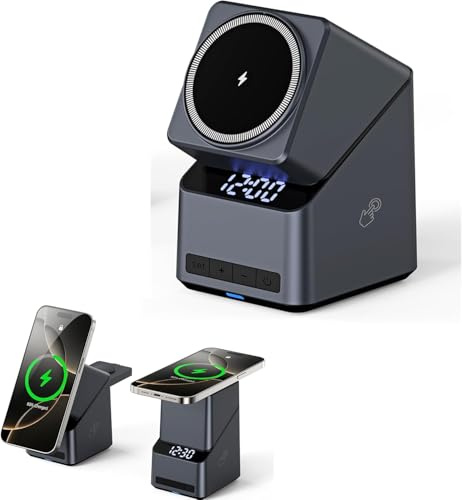 Domars Magnetic Wireless Charging Station,4-in-1 wireless charger, with 180° Auto-Rotation & Clock, Fast 15W Charger for iPhone 17-12 Series, Apple Watch, AirPods, Qi-Enabled Android Phones