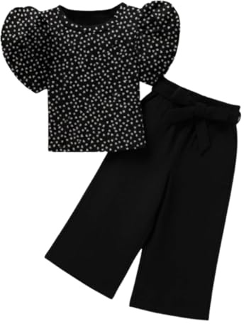 A.T.U.N. (ALL THINGS UBER NICE) Set coordinato con top stampato con maniche a sbuffo e pantaloni svasati, elegante e alla moda per bambini, morbido e confortevole, set alla moda per gite, funzioni e
