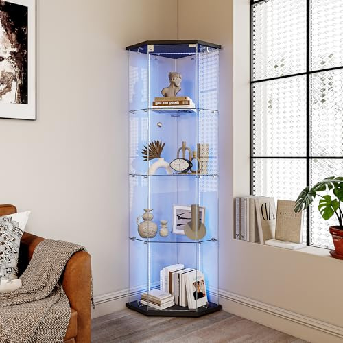 KSFASHZ Vetrina ad Angolo Soggiorno con Vetro, Vetrinetta in Vetro 4 Ripiani 1 Porte, Vetrine inVetro con Serratura Vetrina Colonna Espositiva Colonna Vetrinetta Casco con LED per Collezionismo