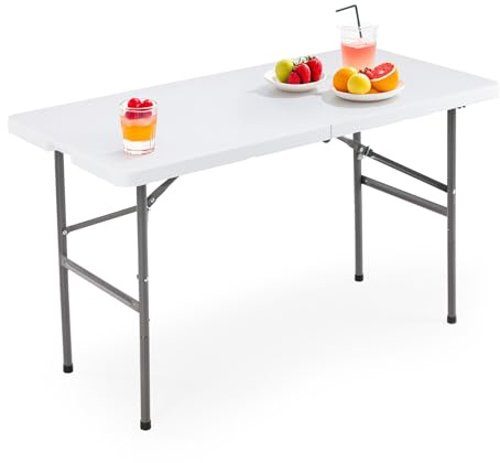 DUMOS 4 Feet Folding Picnic Table, Outdoor Plastic Table with Carrying Handle, Heavy Duty Portable Table for Camping Party Dining, White