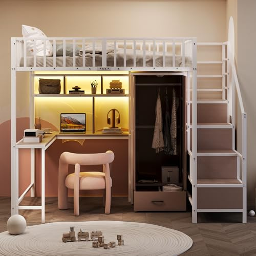 Cama alta de metal, 140 x 200 cm, con escritorio, estantería, armario y cajones, con escalera de almacenamiento y barandilla de seguridad, completa con toma de carga e iluminación LED (blanco)