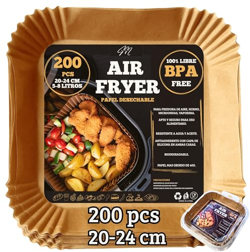 PAPEL AIR FRYER CUADRADO 200 Uds 20–24 Cm - Sin BPA Air Fryer Papel Air fryer Antiadherente - Modelo PREMIUM Profesional - Eco Desechable - Compatible con Cosori y Cecotec - 5-8 Litros.
