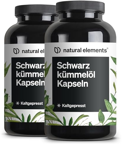 natural elements Schwarzkümmelöl (original Nigella sativa) (2er Set) – 2x 400 Kapseln im 6-Monats-Vorrat – 1.000mg echtes Schwarzkümmelöl/Tag – kaltgepresst, naturbelassen – sorgfältig laborgeprüft