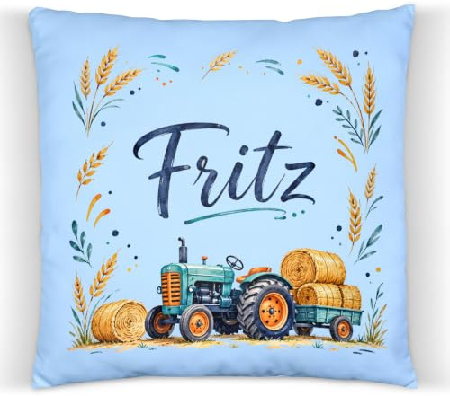 ZauberPrints Traktor Kissen mit Name – Bauernhof Deko für Kinder | Kuschelkissen mit Traktor · 37x37 cm · Baumwolle · Kinderzimmer-Deko · Geschenk zur Geburt, Taufe & Geburtstag