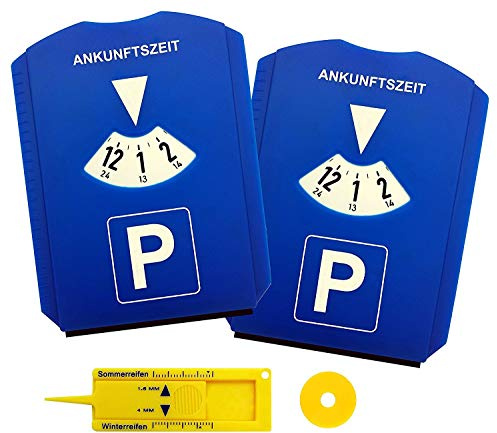 M&H-24 Parkscheibe Parkuhr Auto mit Einkaufswagenchip und Reifenprofilmesser - Parkscheibe mit Eiskratzer Kunststoff Parkscheiben Parking Disc 2 Stück