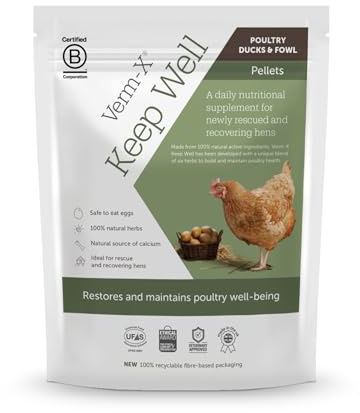 Verm-X Keep Well pellets för fjäderfä, kycklingar, ankor och höns, alla naturliga ingredienser, hjälper till att återställa och underhålla fjäderfä välbefinnande, säkert att äta ägg medan du matar