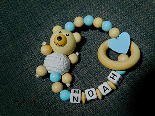Remolque para cochecito/cadena para cochecito o anillo de agarre con nombre para niñas y niños regalo para nacimiento – Varios modelos Sonajero Noah-h azul natural