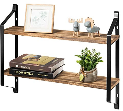GOPLUS Wandregal aus Massivholz, Schweberegal mit Metallhalterungen, Wandboard Vintage Stil, HängeregalU-Form, Ideal für Wohnzimmer, Schlafzimmer, Flur, Badezimmer, 60 cm x 14,8 cm x 51,3 cm