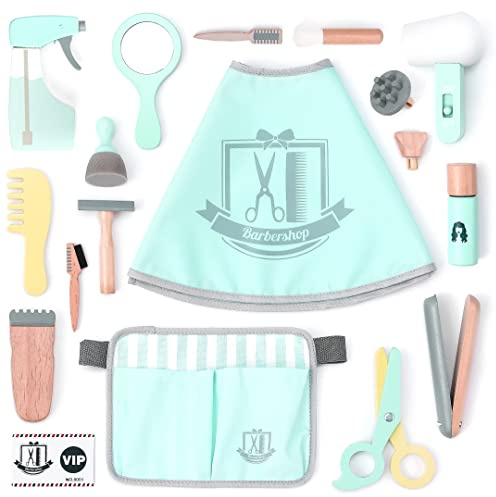 UMU® Wooden Kids Hair Salon Playset, Makeup Toy Set, Hair Styling Toys for Girls, Kids Shaving Kit for Boys, Kids Barber Playset, Gifts for 3 4 5 Year Old Girls Boys (18 PCS)