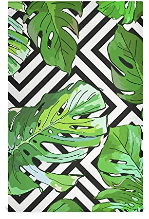 Green Tropical Palm Tree Leaves on Black and White Geometric Pattern 1 Pack Polyester Kitchen Dish Towel, Hand Bar Tea Towels with Hanging Loop, Hemmed NapkinTowel Dishtowels Waffle Dishcloths