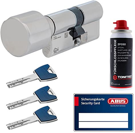ToniTec Set aus ABUS Schließzylinder EC880 inkl. 3 Schlüssel modular verschiedenschließend Knaufzylinder 70/60K|Türzylinder Sicherheitsschloss mit Sicherungskarte und ToniTec Pflegespray