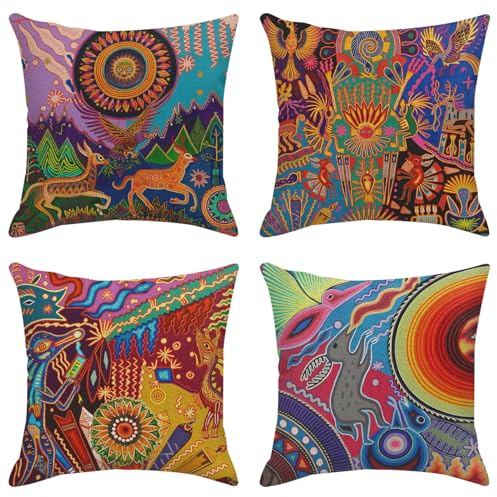 Sanwarm Deko-Kissenbezüge, Heimdekoration, Set mit 4 Kissenbezügen, dekorativ, 45,7 x 45,7 cm, Outdoor-Kissen, Couch, Sofa, Kissenbezüge, bunt, Boho-Kreis, Doodle, ethnisches Blatt