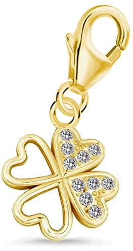 Goldene Hufeisen Glück Kleeblatt Karabiner Charm Anhänger für Bettelarmband aus 925 Sterling-Silber mit Zirkonia Vergoldet