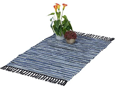 Relaxdays Flickenteppich, 60x100 cm, Baumwolle & Leder, handgewebt, mit Fransen, rutschfest, Fleckerlteppich, blau/grau