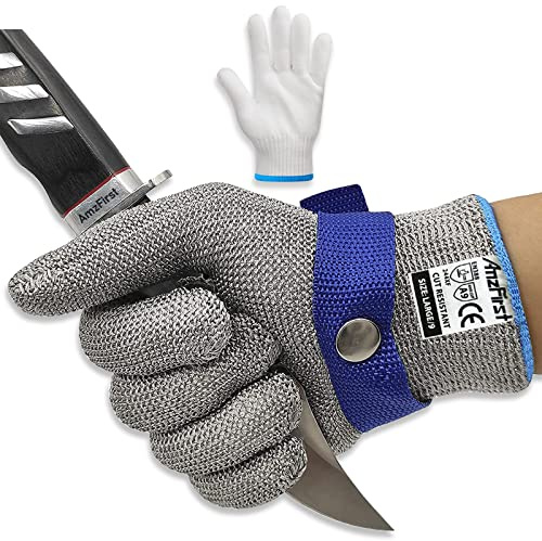 AmzFirst Schnittschutzhandschuhe küche, Leistungsfähiger Level 9 Schutz, Touchscreen Edelstahl Draht Metall Mesh Arbeitshandschuhe, Kettenhandschuh, Mandolinen Handschuhe, 1 Stück, größe 11/XXL