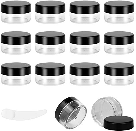 12pcs 10Gram/10ml Jars, Sample Pots, Mini Jars With Lids, Clear Round Plastic Jar With 1 Mini Spatulas For Various Cosmetic Products, Samples, Eye Shadow Lip Balm, and Nail Powder(Black)