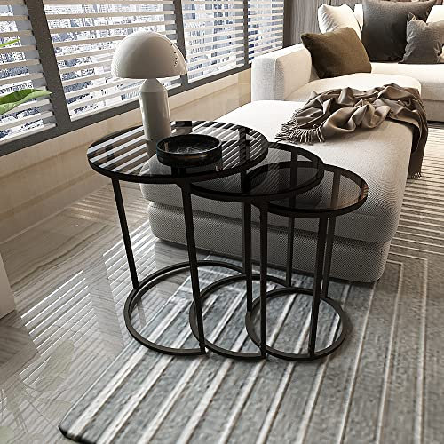 [en.casa] Couchtisch 3er Set Kyyjärvi Wohnzimmertisch rund Beistelltisch Tischset 3-teilig Satztisch Metallgestell gehärtetes Rauchglas 4mm Schwarz/Transparent