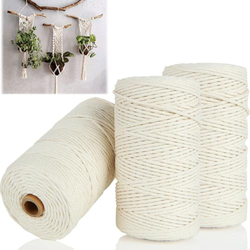 LOLYSIC 3 Rolls Macrame Cord 3mm x 200m (656ft), Natural Macrame Cotton Rope, 4-Strand Twist Soft Macrame Cotton String for Wall Hanging, DIY Craft, Gift Wrapping, Crochet, Wedding Decor, Beige