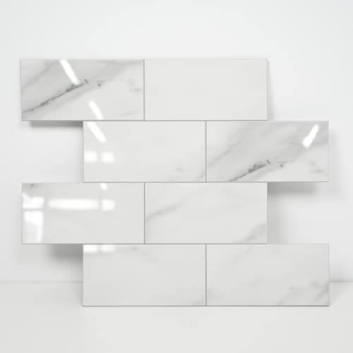 Colamo Luxury 10-Sheet Peel and Stick Backsplash,Self Adhesive Faux Stone 12”x12” White Subway Tile for Kitchen,Glossy Waterproof Carrara Brick Marble Look,Stick on Accent Wall for Bathroom,Bedroom