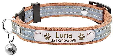 SARUEL Reflektierendes Katzenhalsband Personalisiertes Namensschild Katzenhalsband Benutzerdefiniertes Graviertes Sicherheitshalsband Für Katzen,Braun,S (21cm-28cm)