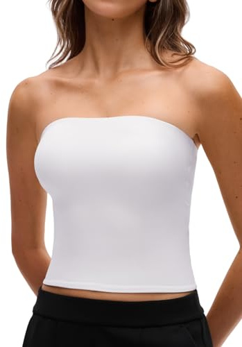 CRZ YOGA - Butterluxe dubbelfodrad bandeau tubtopp för kvinnor - axelbandslös off the shoulder - randig casual basic crop top Vit S