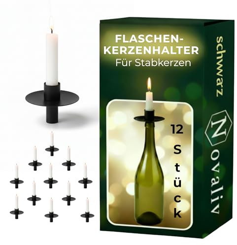 Novaliv 12x Kerzenhalter Flasche Schwarz Eisen Kerzenhalter Flaschenaufsatz für Kerzen ca. 2cm Schwarz Flaschenkerzenhalter Stabkerzen Kerzenständer Stabkerzenhalter Candle Holder Stabkerzentülle