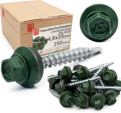 Viti autofilettanti 4,8 x 35 mm per metallo Verde ossido di cromo RAL 6020, 250 pezzi viti autoperforanti con rondella acciaio lamiera zincata, autoforanti lamiere grecate e pannelli tetto Lun Fix