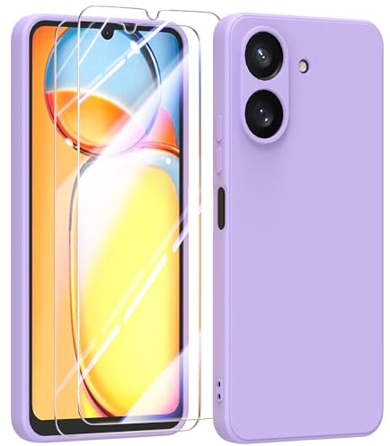 MIKULLE Funda para Xiaomi Redmi 13C 4G con Cristal Templado Protector de Pantalla,Ultra Slim Protectora Anti-Choques Carcasa de Silicona Líquida TPU Suave Case Cover - Púrpura