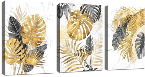 3 Pcs Leinwandbilder Bilder mit Rahmen Marmor Grau Gold Palme Blätter bild auf leinwand Wandkunst Modern Wandbilder Kunstdruck Deko für Wohnzimmer Schlafzimmer fertig zum Aufhängen 90x40cm(30x40x3)
