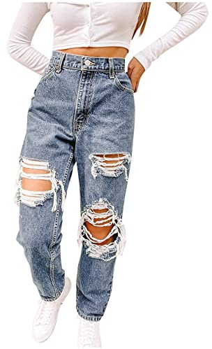 Jeans Damen Löcher Risse Boyfriend Jeans Löcher Bootcut Röhrenjeans Denim-Hose Hellblau Rissen Denimhose Knopfleiste Boyfriend Straight Mit Löchern Y2K Jeans