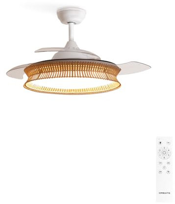 CREATE / WIND CLEAR/Ventilador de techo con luz blanco y mimbre nudo con mando / 40W, Ø108 cm, 6 velocidades, aspas retráctiles, 3 temperaturas de luz, función verano-invierno