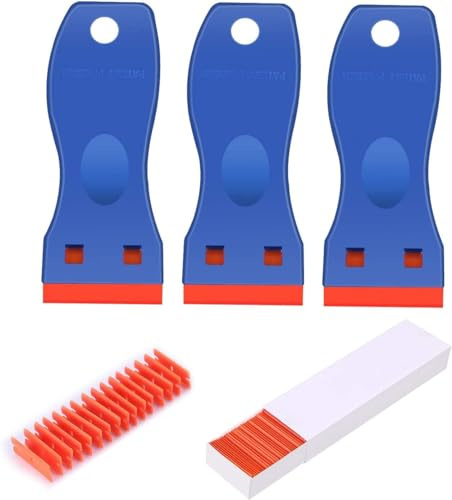 3-pack rakbladsskrapor i plast + 100-pack ersättningsblad av plast, dekaler, målningsetiketter, skrapborttagningsverktyg för bilfönster, glas, nyans, vinylverktyg, repas inte